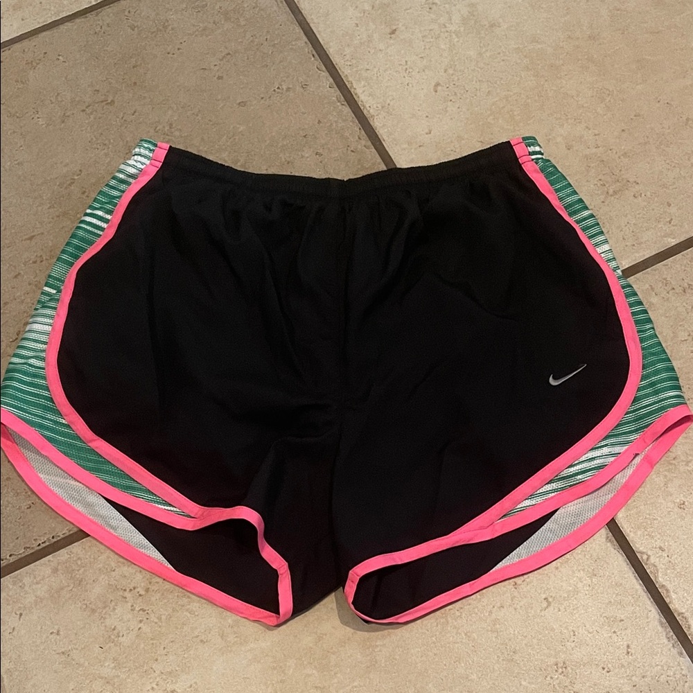 Nike Women's Black Athletic Shorts with Pink and Green Accents